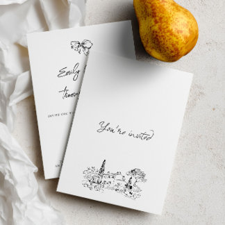 Whimsical Ink Handritad Illustrerad Bröllop Inbjudningar
