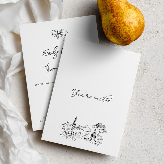 Whimsical Ink Handritad Illustrerad Bröllop Inbjudningar (Whimsical Ink Hand Drawn Illustration Wedding Invitation)