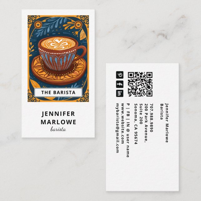Whimsical Inlustrated Barista Visitkort (Fram/baksida)