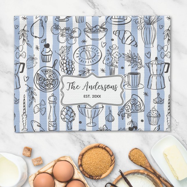Whimsical Italian Food Illustration Blue Stripes Kökshandduk (In situ)