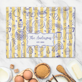 Whimsical Italian Food Illustration Yellow Stripes Kökshandduk