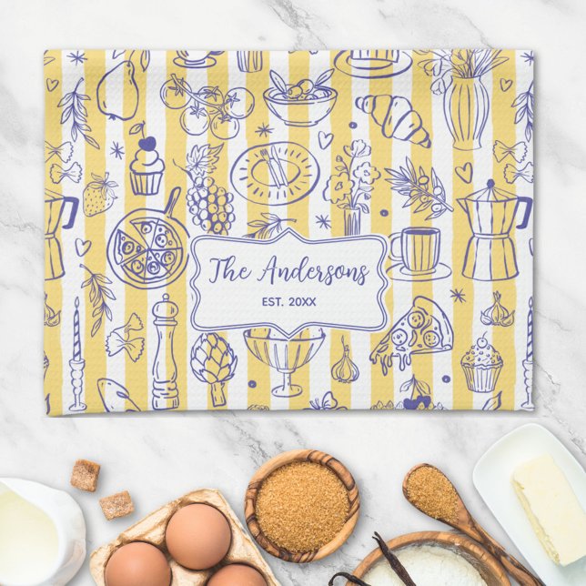 Whimsical Italian Food Illustration Yellow Stripes Kökshandduk (In situ)