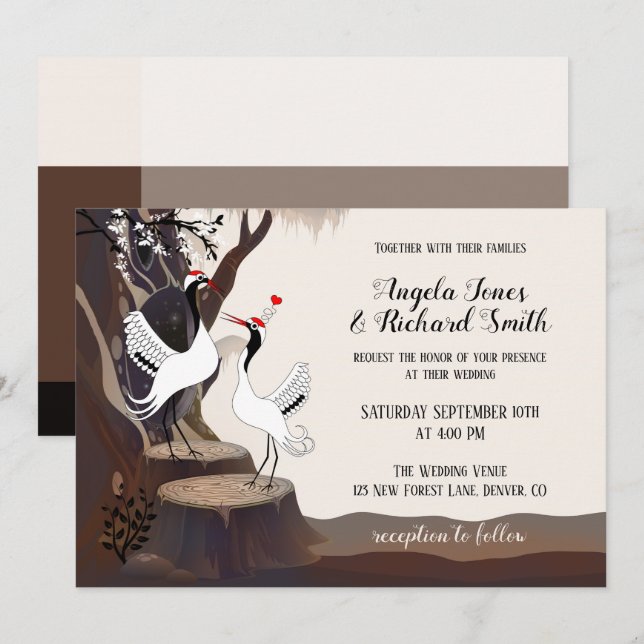 Whimsical Japansk Cranes Wedding-inbjudan Inbjudningar (Fram/baksida)