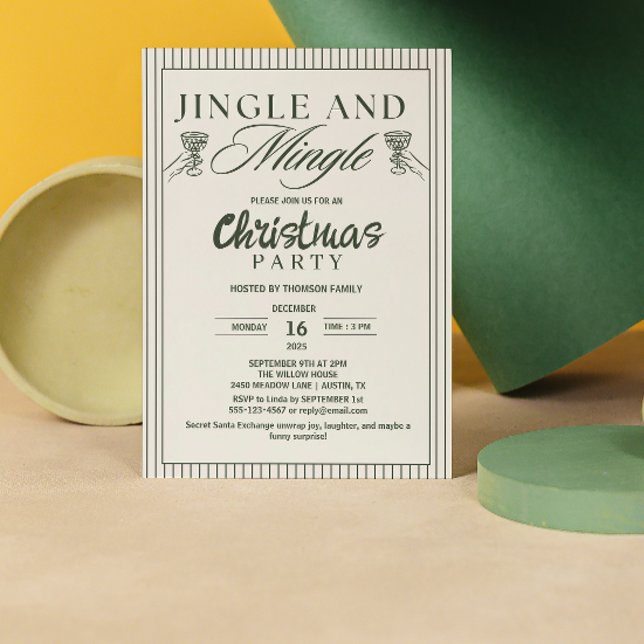 Whimsical Jingle and Mingle Christmas Party Inbjudningar (jingle and mingle christmas invitations exchange christmas cocktail party script trendy greenery)