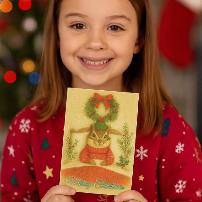 Whimsical jordekorre julhälsokort helgkort (whimsical Christmas chipmunk card.  Perfect for kids and adults who love nature and wildlife )