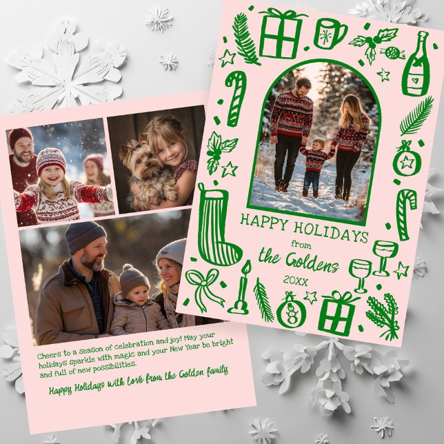 Whimsical jul  Anpassad båge 4 FOTO  Julkort (Whimsical Christmas Cute Colorful Doodle Custom Arch 4 PHOTO Hand-drawn Pink Green Holiday Card
)
