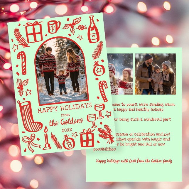 Whimsical jul  Anpassad egen valv 3 FOTO  Julkort (Whimsical Christmas Doodle Sketch Cute Custom Arch 3 PHOTO Holiday Card
)