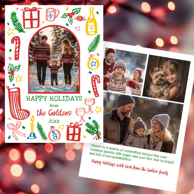 Whimsical jul  Anpassad egen valvbåge 4 FOTO  Julkort (Whimsical Christmas Cute Doodles Colorful Custom Arch 4 PHOTO Hand-drawn Holiday Card
)