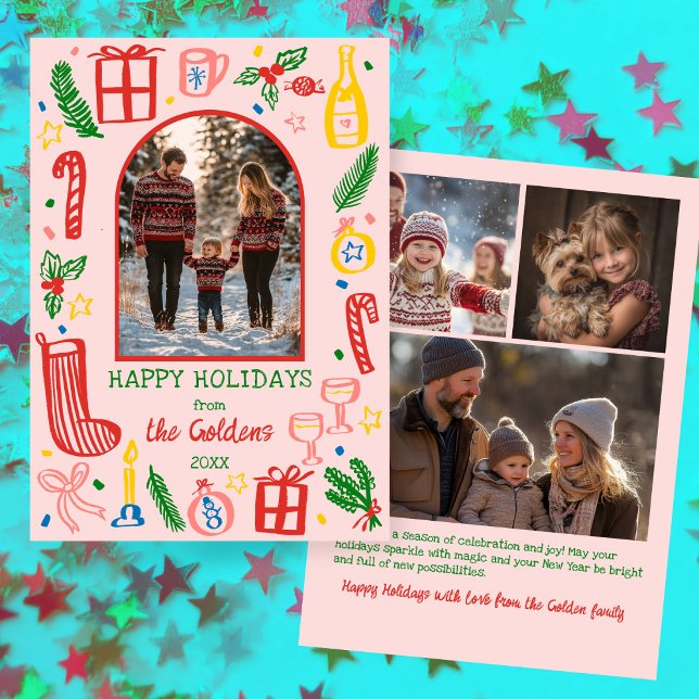 Whimsical jul  Anpassad egen välvd 4 FOTO  Julkort (Whimsical Christmas Cute Pink Colorful Doodles Hand-Drawn Custom Arch 4 PHOTO Holiday Card
)