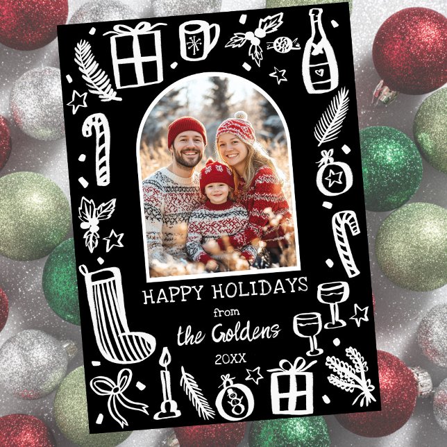 Whimsical jul  Anpassad fotobåge  Julkort (Whimsical Christmas Cute Doodle Custom Arch PHOTO Chic Black White Holiday Card
)