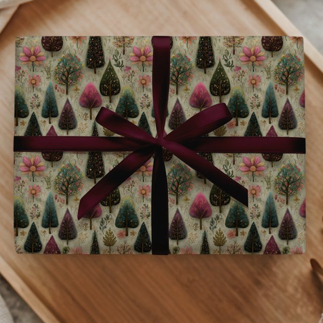 Whimsical jul folkkonst träd mönster present presentpapper (Skapare uppladdad)