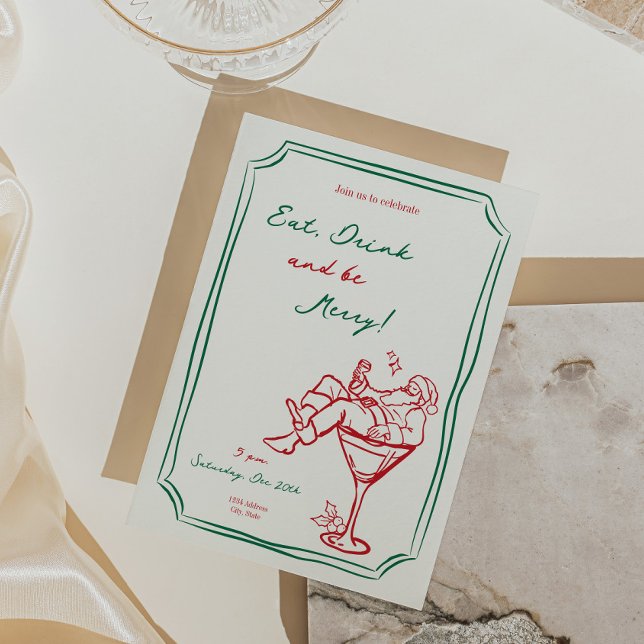 Whimsical jul Santa Martini-inbjudan Inbjudningar (whimsical christmas invitation, santa martini invite, holiday cocktail party invitation, christmas p)