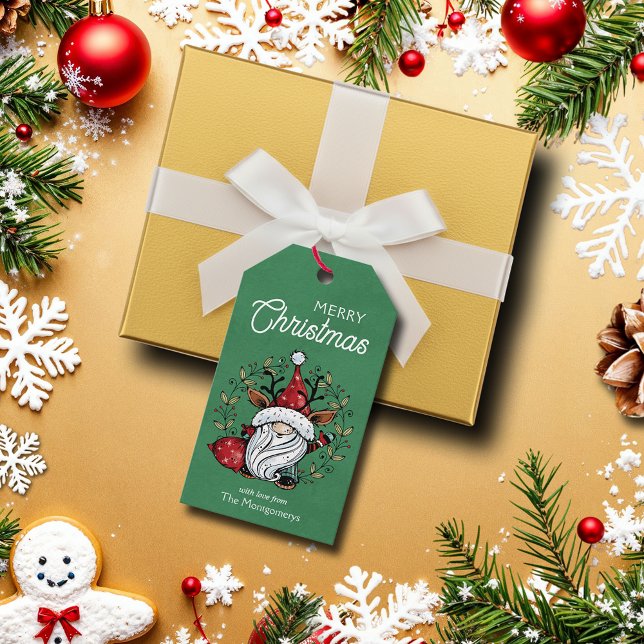 Whimsical jul Tomte-favor Presentetikett (Whimsical Christmas gnome elf on green favor gift tags)