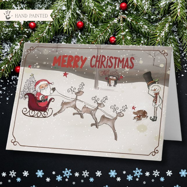 Whimsical jul tomte släde och renar julkort helgkort (Whimsical Santa Sleigh and Reindeer Christmas Card)