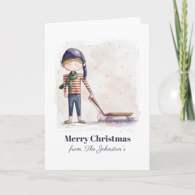 Whimsical jul-tomte vattenfärg semesterkort kort (Framsida)