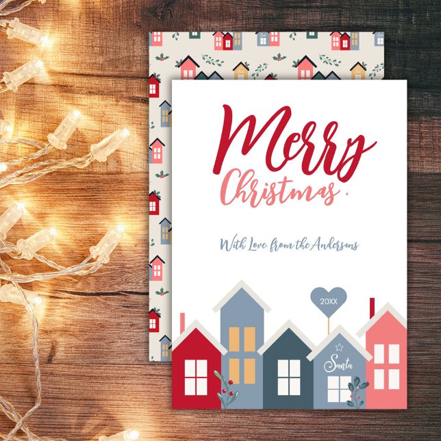 Whimsical julby Red Blue jul Julkort (Merry Christmas Santa Houses Red Green Pattern Holiday Card)