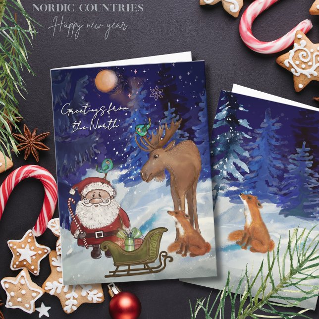 Whimsical Julenisse,Nordic Moose & Fox Winter  Helgkort (Whimsical Julenisse,Nordic Moose & Fox Winter Holiday Card)