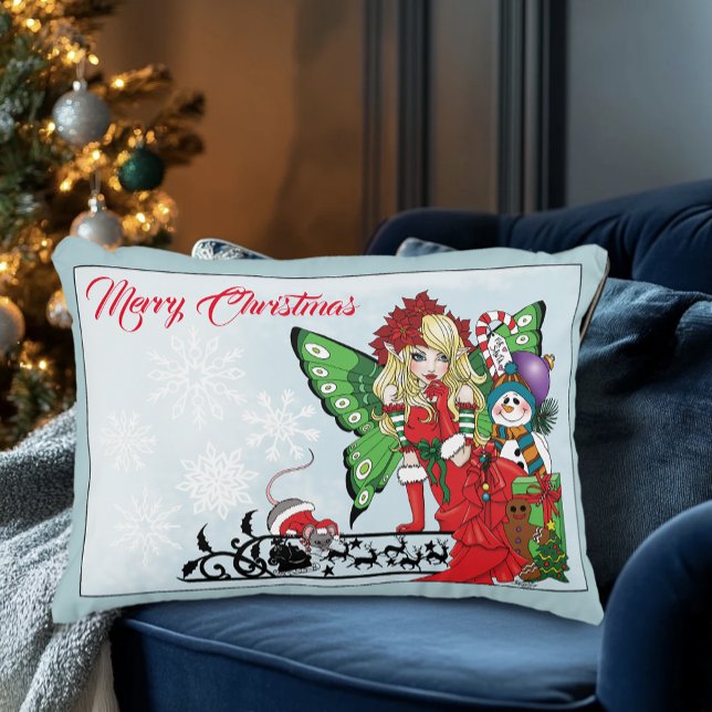 Whimsical julfée Holidaypresenter Blå Prydnadskudde (Skapare uppladdad)