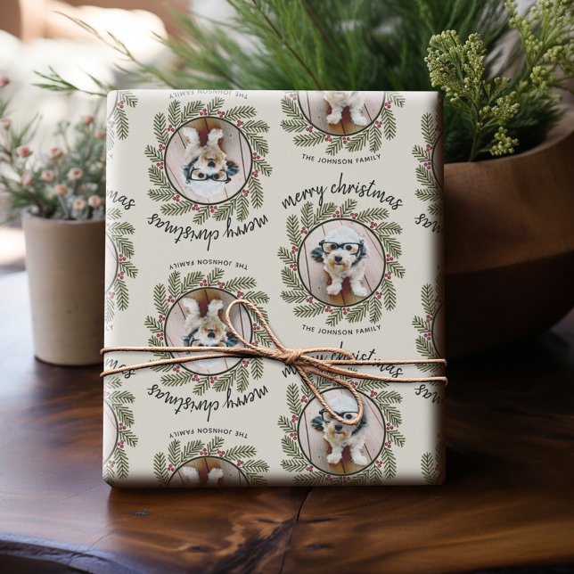Whimsical julfoto - Kalligrafi - Grenar Presentpapper (Personalized Photo Wrapping Paper)