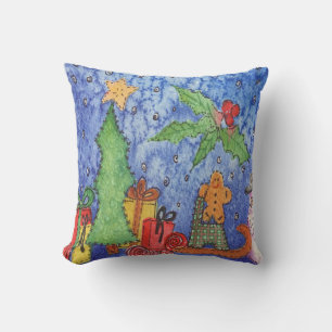 Whimsical julglädje Vattenfärg-målning Kudde