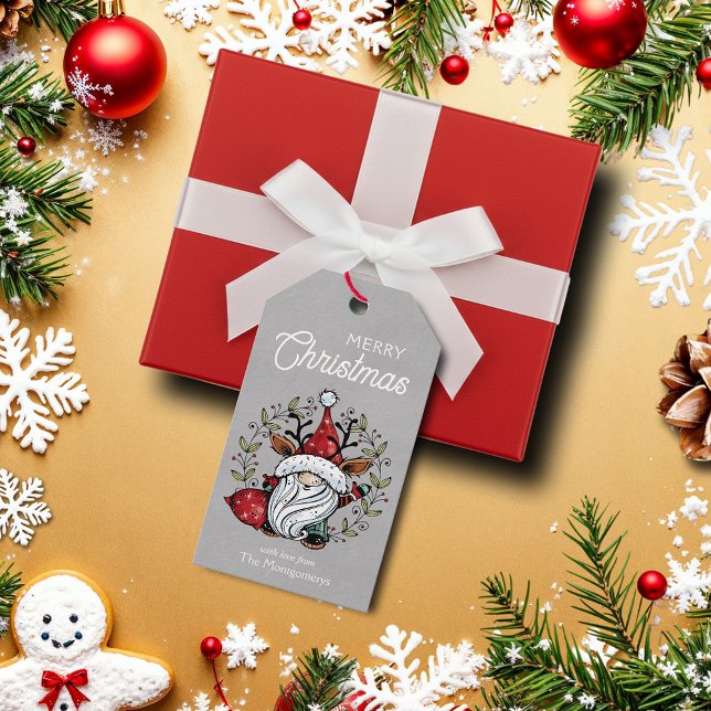 Whimsical julgnom favör presentetikett (Whimsical Christmas gnome elf on silver favor gift tags)