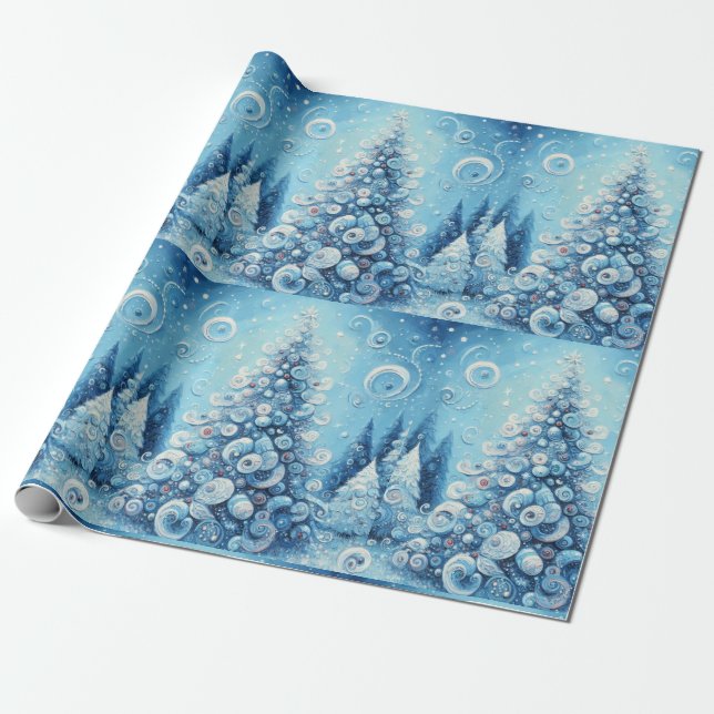 Whimsical julgran blå decoupage presentpapper (Utrullad)