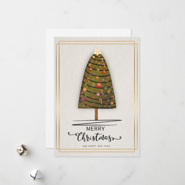 Whimsical Julgran Card with Ornaments on Pi Julkort (Fram/Back In Situ)