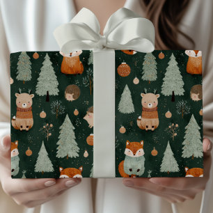 Whimsical julgran med röd räv mörkgrön presentpapper