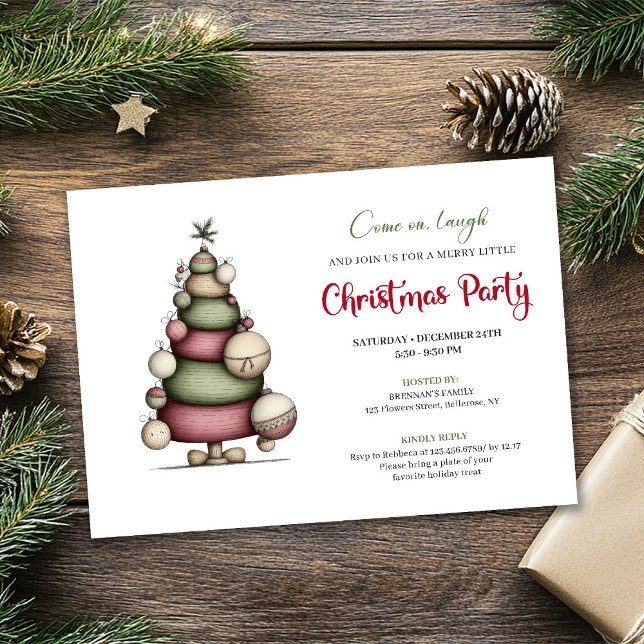 Whimsical julgran röd grön minimalistisk höstinbju inbjudningar (Whimsical tree red green minimalist holiday invite)