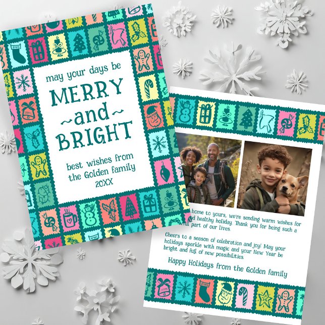 Whimsical julgrid Cute Anpassad 2 FOTO  Julkort (Whimsical Christmas Grid Cute Custom 2 PHOTO Holiday Card
)