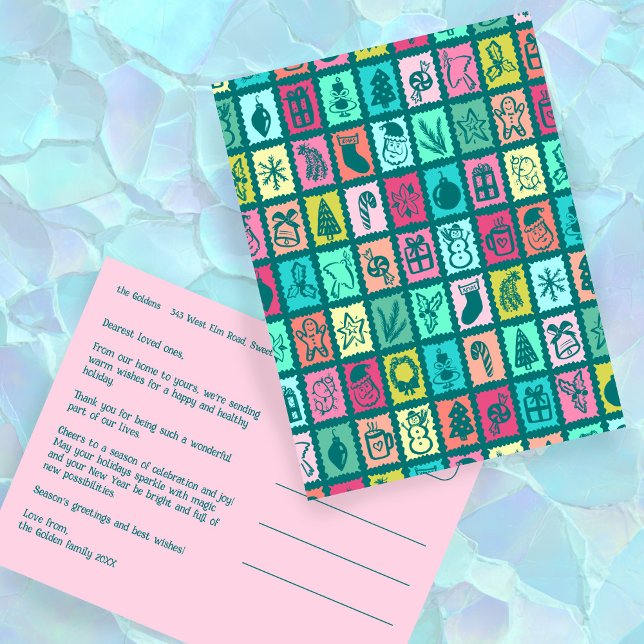 Whimsical julgrid Cute Anpassad  Helg Vykort (Whimsical Christmas Grid Cute Custom Non-Photo Colorful Holiday Postcard
)
