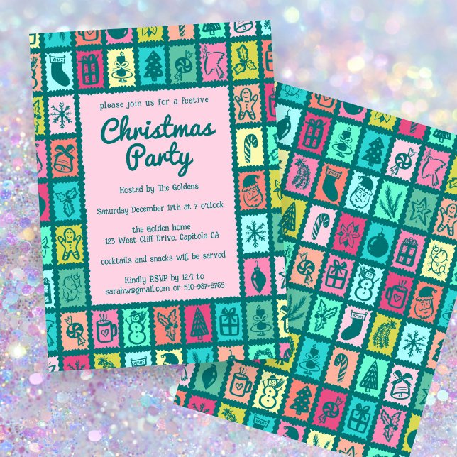 Whimsical julgrid Cute anpassad JULPARTY Inbjudningar (Whimsical Christmas Grid Cute Custom HOLIDAY PARTY Invitation
)