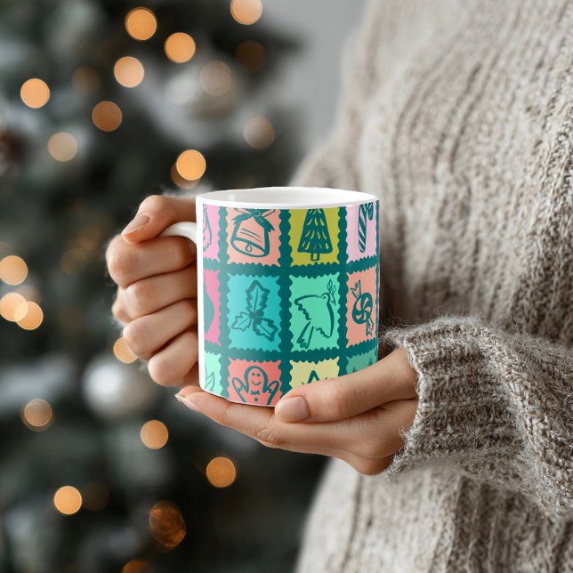 Whimsical julgrid Söt ljus högtid Kaffemugg (Whimsical Christmas Grid Cute Bright Holiday Coffee Mug
)