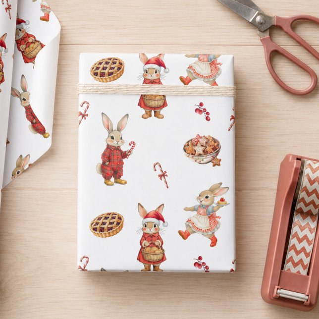 Whimsical Julharen Julfirande Presentpapper (cute whimsical festive bunnies candy canes and baked goods Christmas holiday wrapping paper)