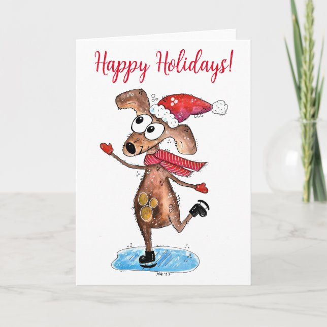 Whimsical julhund på skridskor kort (Framsida)