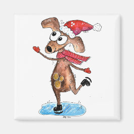 Whimsical julhund på skridskor magnet