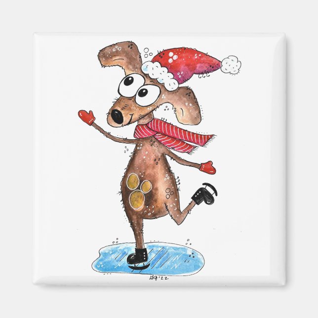 Whimsical julhund på skridskor magnet (Framsidan)