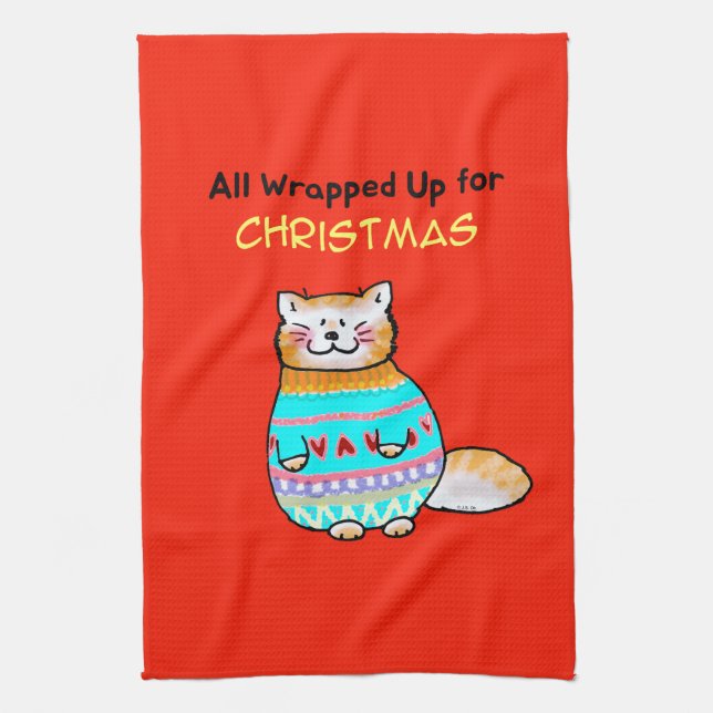 Whimsical julkatts julstämning kökshandduk (Vertikal)