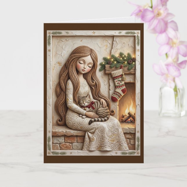 Whimsical julkatts vinterjungfru konst kort (Orkide)