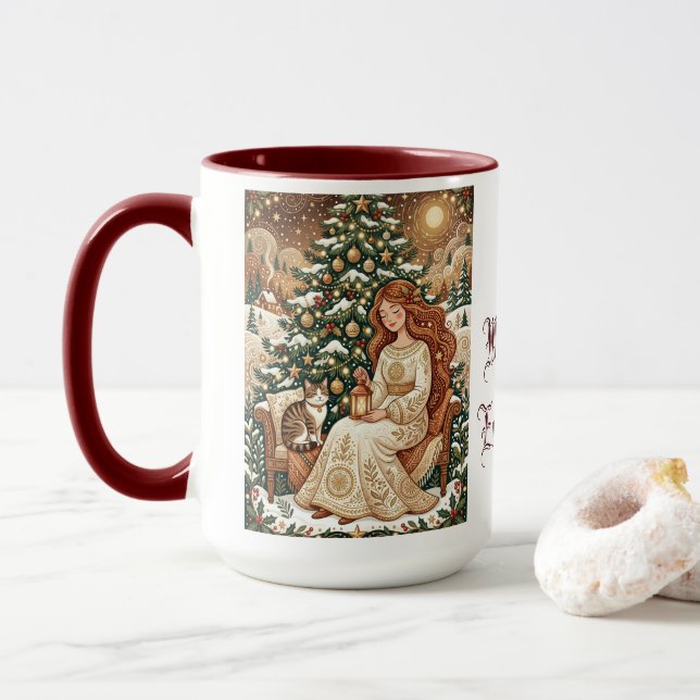 Whimsical julkatts vinternymf konst mugg (Med munk)