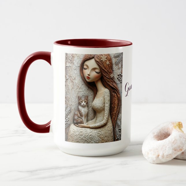 Whimsical julkattsvinterflicka konst mugg (Med munk)