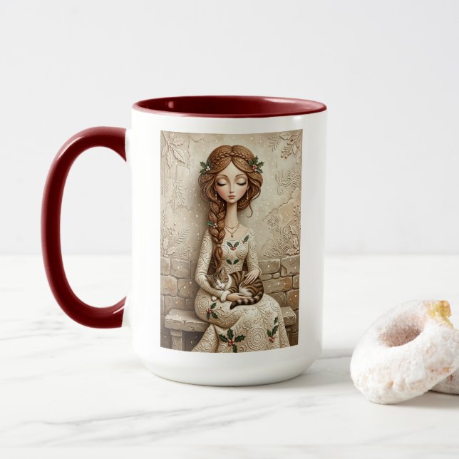 Whimsical julkattsvinterjungfrumugg mugg (Med munk)