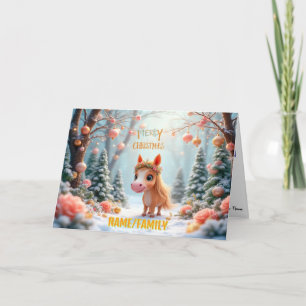Whimsical julponny i snöig skog helgkort