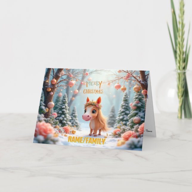 Whimsical julponny i snöig skog helgkort (Framsida)