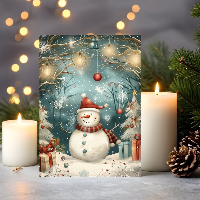 Whimsical julskål i vinterskov kort (A snowman celebration wrapped in cozy winter magic and vintage joy)
