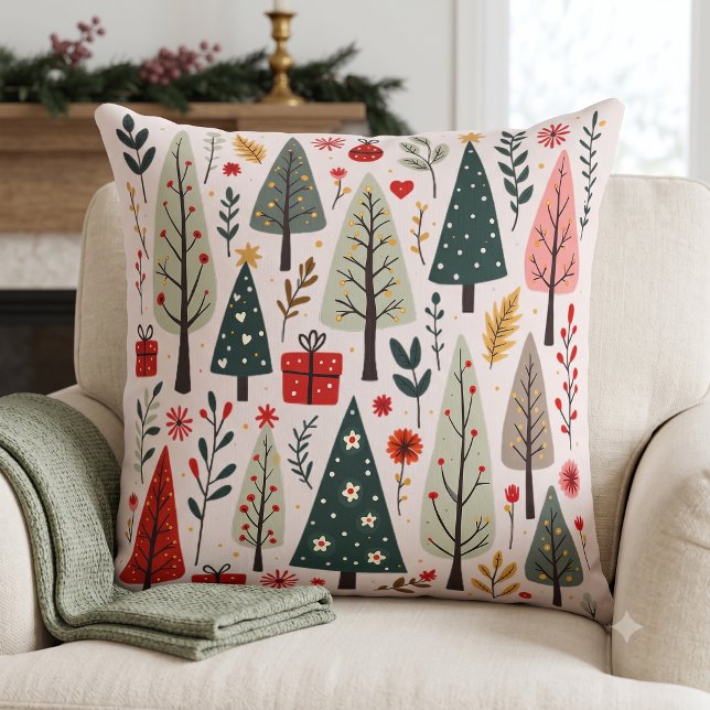 Whimsical julskogslandskap kudde (Whimsical Christmas Tree Forest Throw Pillow)