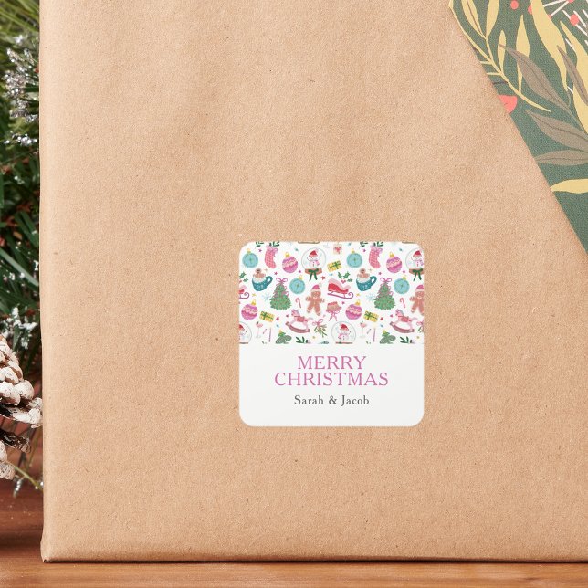 Whimsical julsticker fyrkantigt klistermärke (Bright, Whimsical Christmas Doodles Stickers a Joyful, Creative Holiday Look by Painted Paperie)