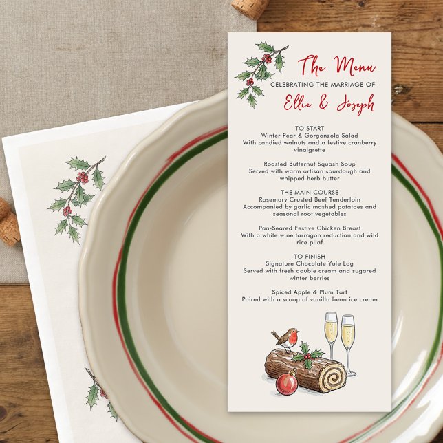 Whimsical julstock julbröllopsmeny meny (Editable Menu from the Whimsical Champagne Tower Holiday Wedding Collection by Darling & May)