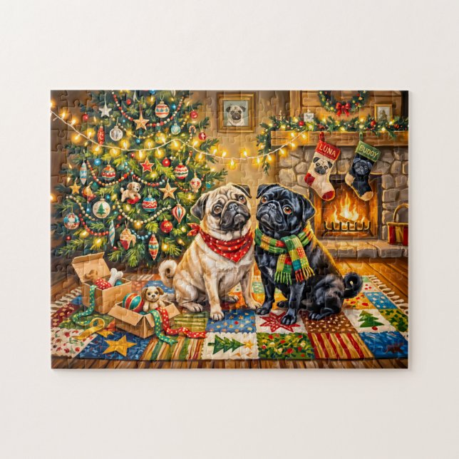 Whimsical julstuga Mops Hund Illustration Pussel (Horisontell)