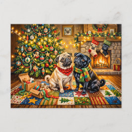 Whimsical julstuga Mops Hund Illustration Vykort